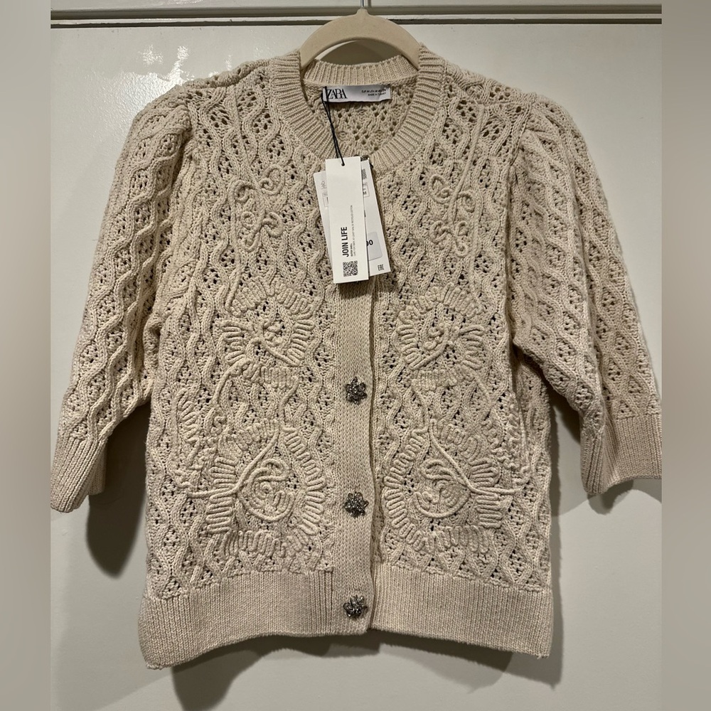 Zara Cream Knit Cardigan with Floral Buttons